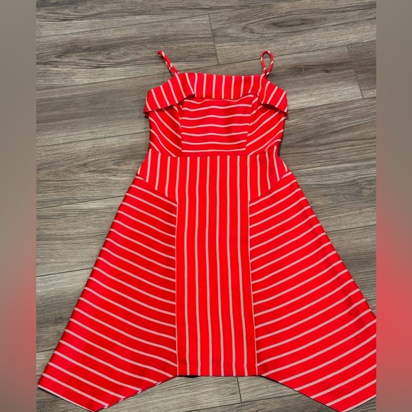 NWT Banana Republic Asymmetrical Handkerchief Hem Fit and Flare Red Stripe Dress - Picture 3 of 6